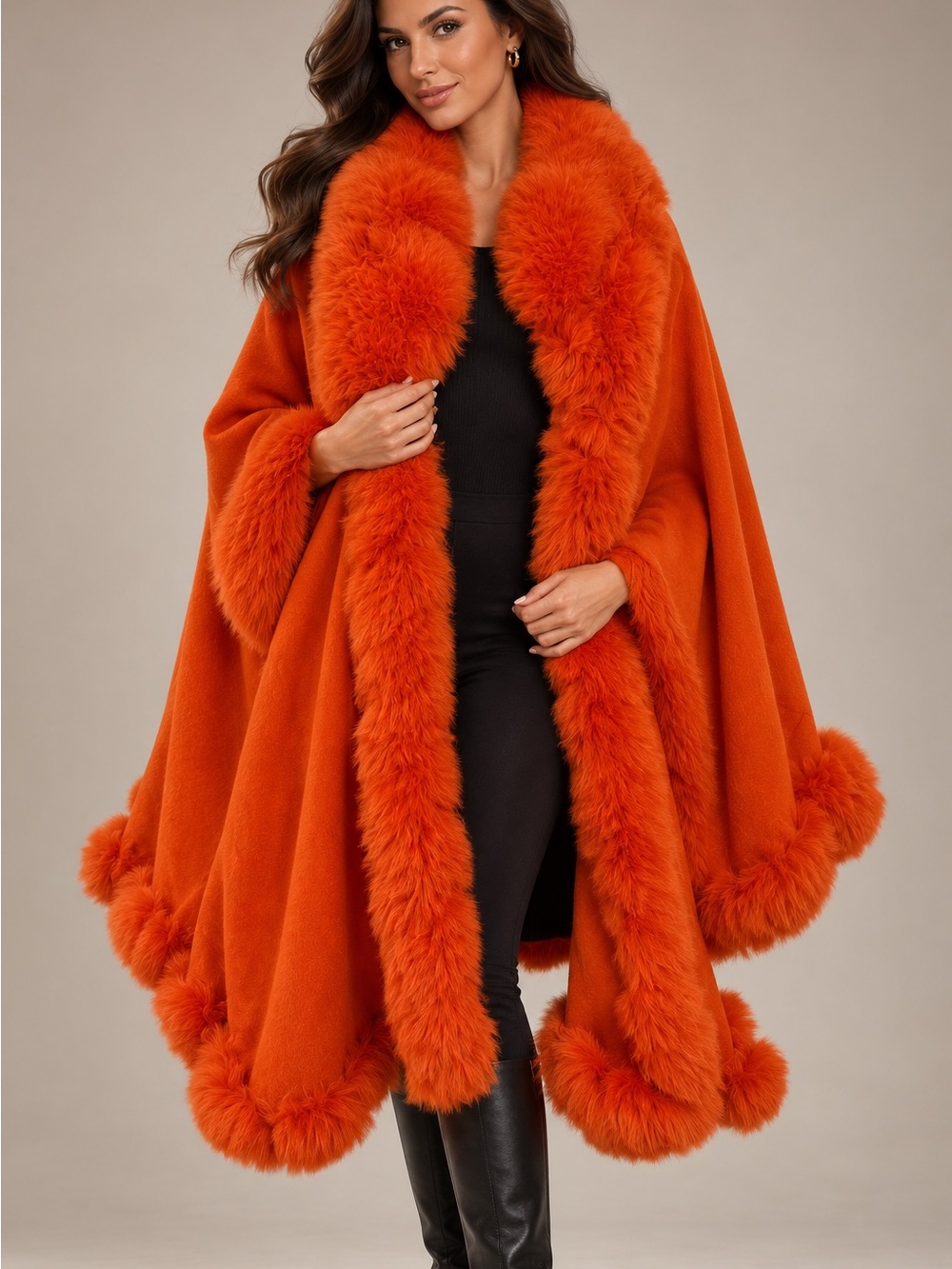 Elegant Orange Faux-Fur Trim Cape Poncho